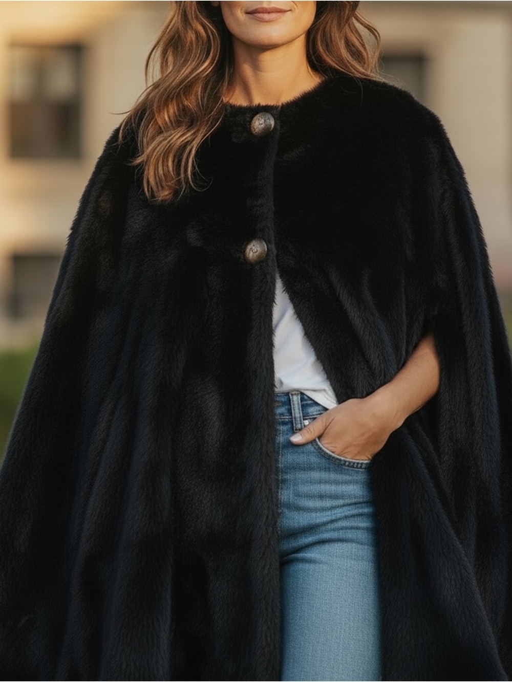 Luxury Black Faux Fur Cape | Ultra Soft Plush Mink Style Poncho | Elegant Coat